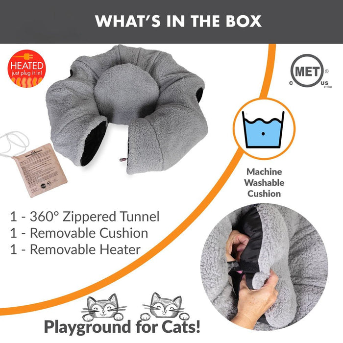 K&H Thermo - Kitty Heated Cat Tunnel – Indoor Heated Cat Bed and Play Tunnel with Machine Washable Pillow - PCVK - Grey - 28" x 28" x 9" - 5
