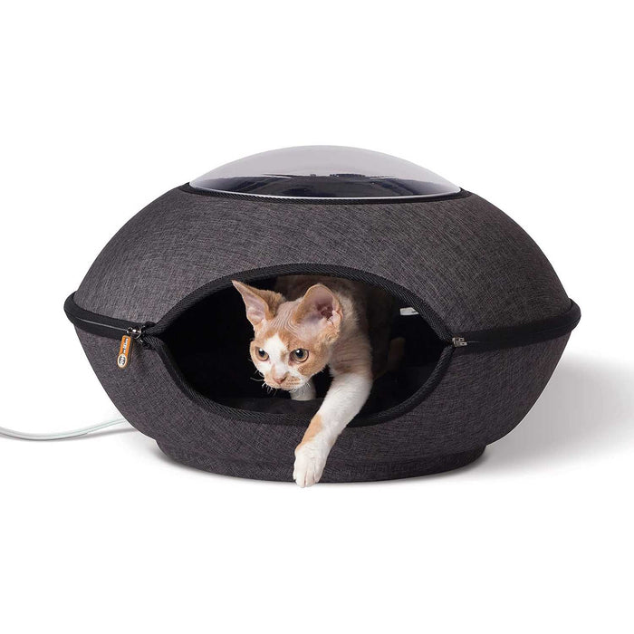 K&H Thermo - Lookout Pod Heated Cat Bed – Indoor Heated Cat Cave with Window, Removable Cushion, Cozy & Energy - Efficient - PCVE - Grey - 22"D - 1