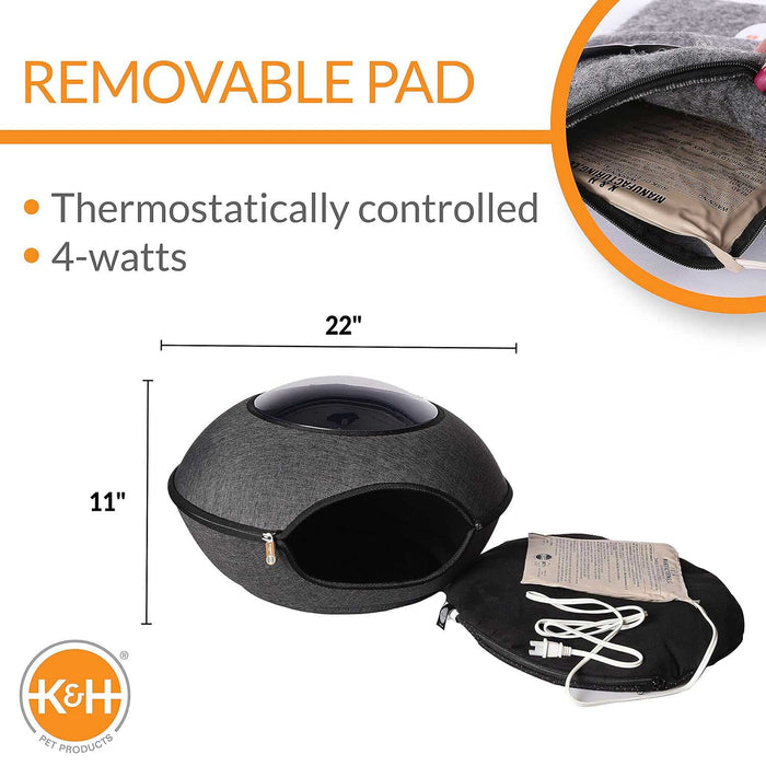 K&H Thermo - Lookout Pod Heated Cat Bed – Indoor Heated Cat Cave with Window, Removable Cushion, Cozy & Energy - Efficient - PCVE - Grey - 22"D - 2