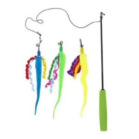 Retractable Cat Teaser Wand Toy with 2 Colorful Replacement Twist Worms and Bell  