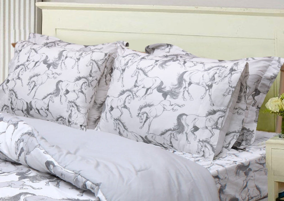 Lila Elegant Horse 3 Piece Sheet Set, 100% Cotton - AWIQU - Gray and White - Twin - 3