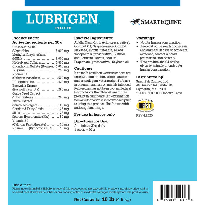 Lubrigen, Joint Health Supplement for Horses, Pellets - SMAAF - 10 lb Bucket - 6