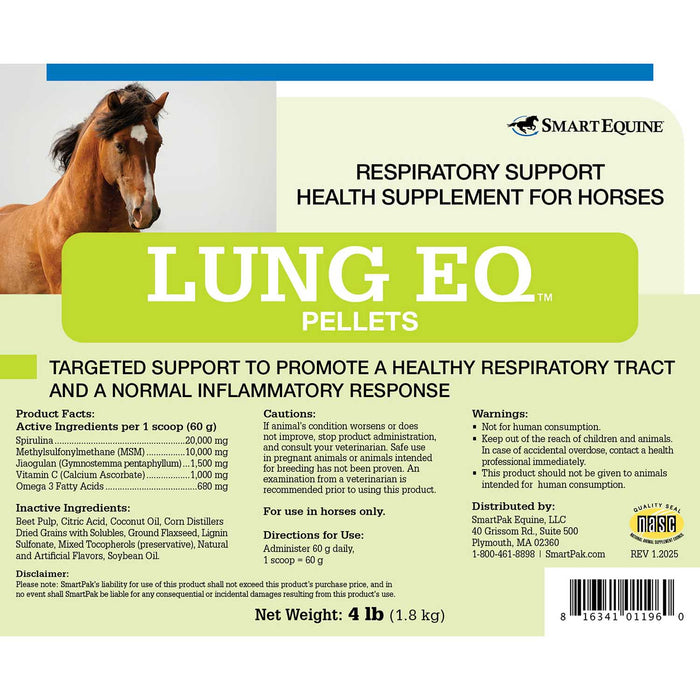 Lung EQ, Respiratory Support Supplement for Horses, Pellets - SMAAH - 4 lb Bucket - 6