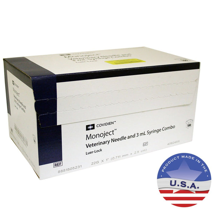 Monoject Luer - Lock (LL) Syringe with Needle Combo - 01101MON-3X22X1LL - 3 cc LL with 22G x 1" - 100 Count - 3