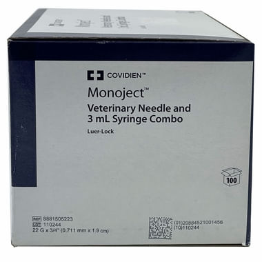 Monoject Luer - Lock (LL) Syringe with Needle Combo - 01101MON-3X22X3-4LLB - 3 cc LL with 22G x 3/4" - 100 Count - 7