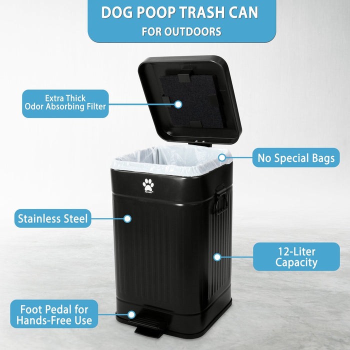 Nevink Dog Poop Trash Can & Filters for Outdoors – 12 Liter, Odor Control, Hands - Free, Weather Resistant - 005SIN-07676 - Trash Can - Matte Black - 15