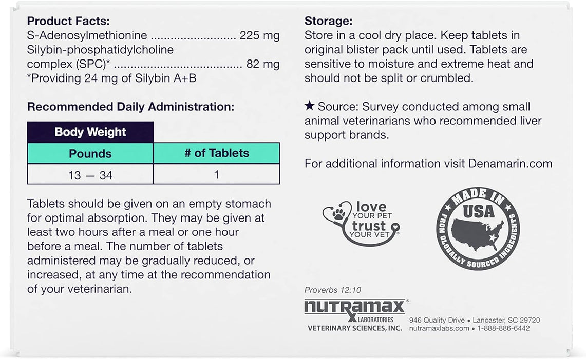 Nutramax Denamarin Liver Health, Stabilized Tablets - 015NM-D225 - 13 - 34lbs - 1 pk (30 ct) - 14