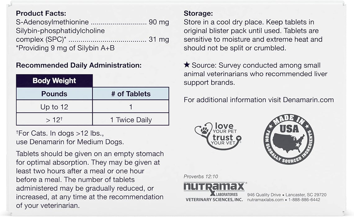 Nutramax Denamarin Liver Health, Stabilized Tablets - 015NM-D90 - Up to 12lbs - 1 pk (30 ct) - 2