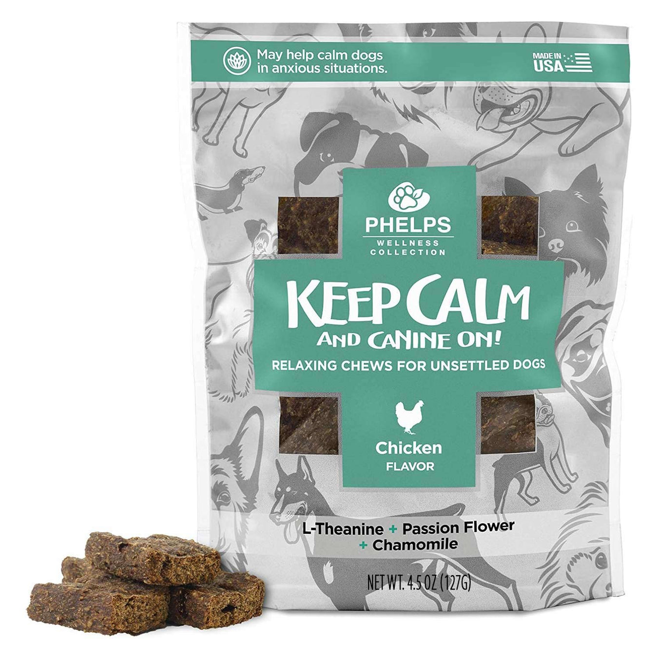 Phelps Wellness Functional Dog Chew Supplements – Calming, Digestive, Skin & Coat, Hip & Joint, Sensitive Stomach & Brain Support Treats, 4.5 oz - PH3AA - Keep Calm - Relaxing - Chicken - 4.5 oz - 1