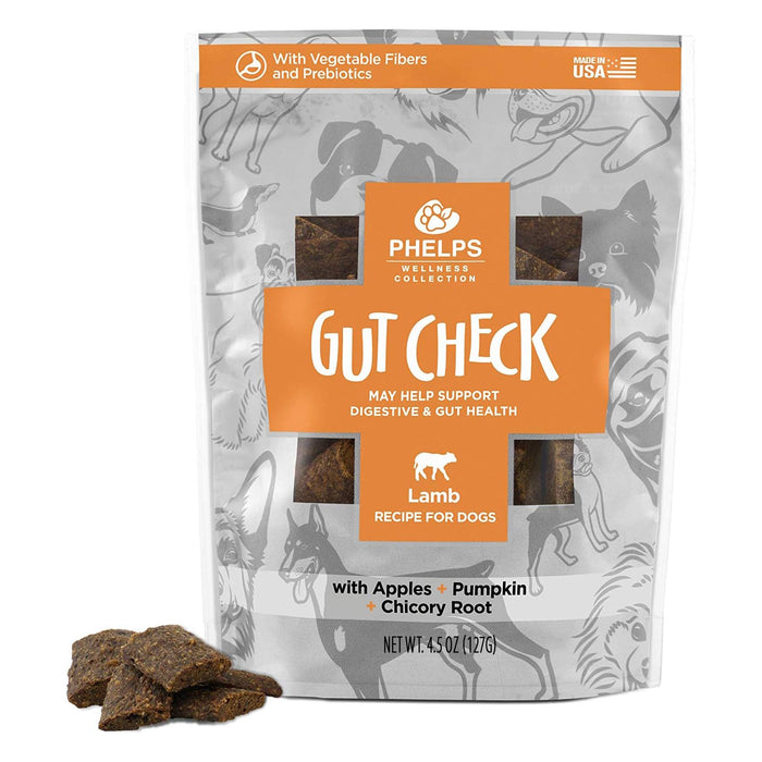 Phelps Wellness Functional Dog Chew Supplements – Calming, Digestive, Skin & Coat, Hip & Joint, Sensitive Stomach & Brain Support Treats, 4.5 oz - PH3AB - Gut Check - Digestive & Gut - Lamb - 4.5 oz - 5