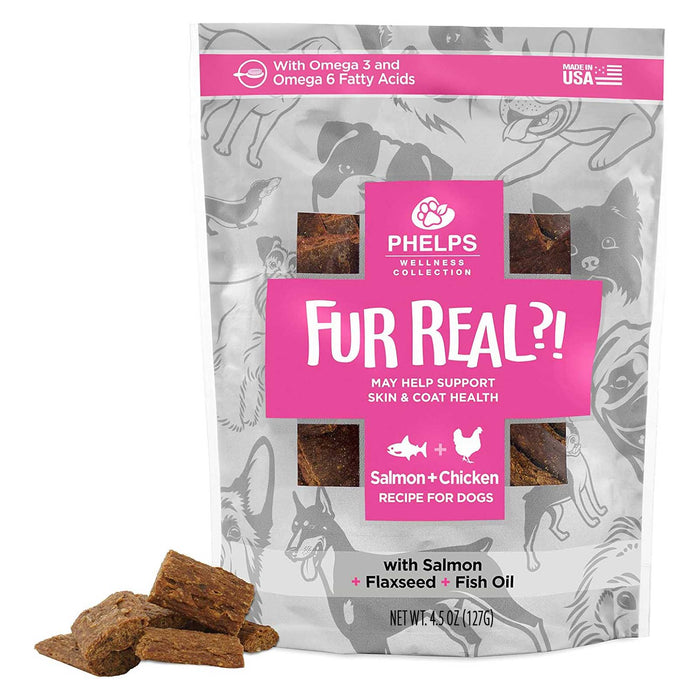 Phelps Wellness Functional Dog Chew Supplements – Calming, Digestive, Skin & Coat, Hip & Joint, Sensitive Stomach & Brain Support Treats, 4.5 oz - PH3AC - Fur Real?! Skin & Coat Health - Salmon & Chicken - 4.5 oz - 9