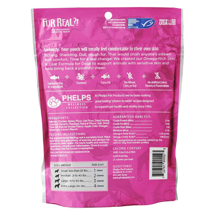 Phelps Wellness Functional Dog Chew Supplements – Calming, Digestive, Skin & Coat, Hip & Joint, Sensitive Stomach & Brain Support Treats, 4.5 oz - PH3AC - Fur Real?! Skin & Coat Health - Salmon & Chicken - 4.5 oz - 10