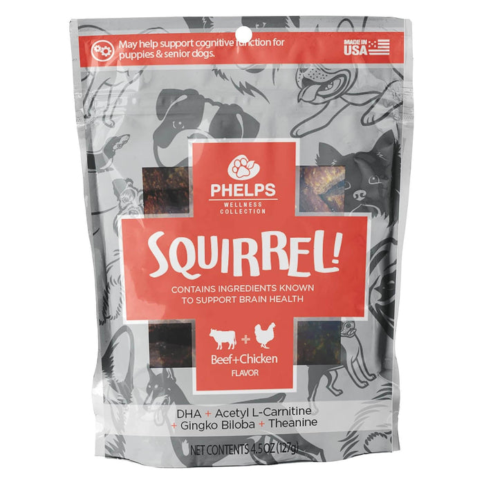Phelps Wellness Functional Dog Chew Supplements – Calming, Digestive, Skin & Coat, Hip & Joint, Sensitive Stomach & Brain Support Treats, 4.5 oz - PH3AF - Squirrel! Brain Health - Beef - 4.5 oz - 24