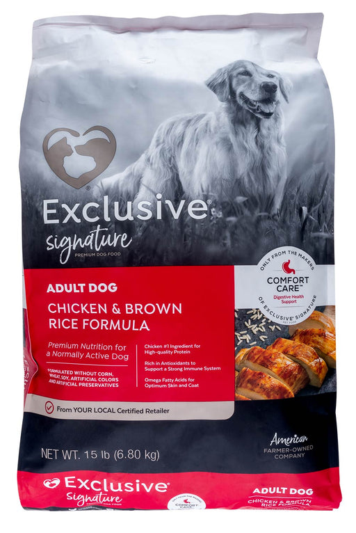 Exclusive Signature Adult Chicken & Brown Rice Dry Dog Food 15 lb bag front view - Jeffers - Dog Supplies > Dog Food > Dry Dog Food