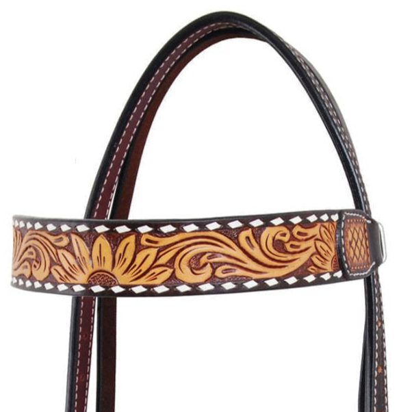 Rafter T Tooled Sunflower with Buckstitch Browband Headstall