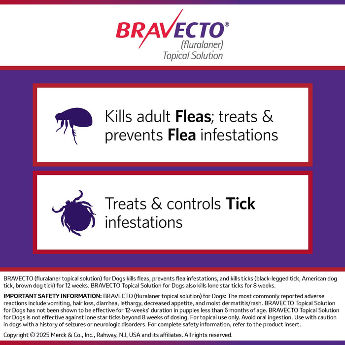 Rx Bravecto (fluralaner topical solution) Flea & Tick 12 - Week Topical for Dogs - 012MER-15153 - 1000 mg - 44 - 88 lbs - 5