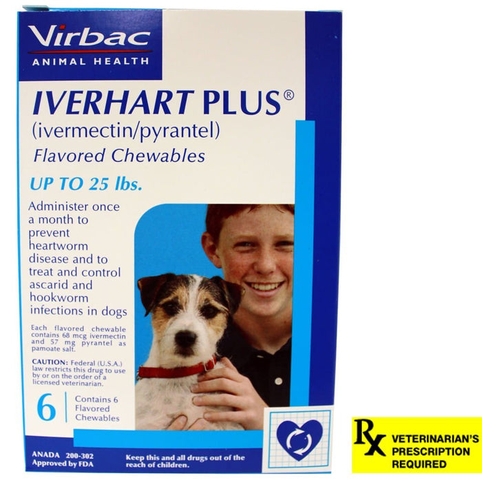 Rx Iverhart Plus (Ivermectin & Pyrantel Pamoate) Monthly Heartworm Protection Flavored Chewable Tabs for Dogs - 012VB-5-25 - 0 - 25 lb - 6 Chewable Tablets - 3