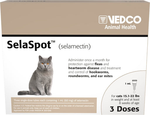 Rx SelaSpot (selamectin) Once - A - Month Flea & Heartworm Topical Solution for Cats - 012VED-19991 - 15.1 - 22 lbs - 3 Doses - 1