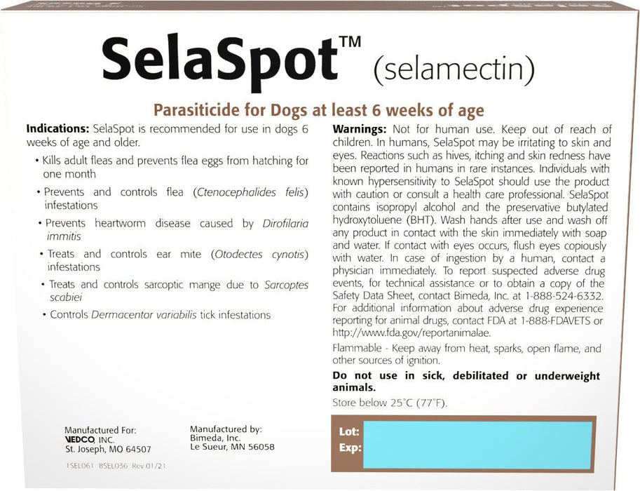 Rx SelaSpot (selamectin) Once - A - Month Flea & Heartworm Topical Solution for Dogs - 012VED-21994 - 10.1 - 20 lbs - 3 Doses - 4