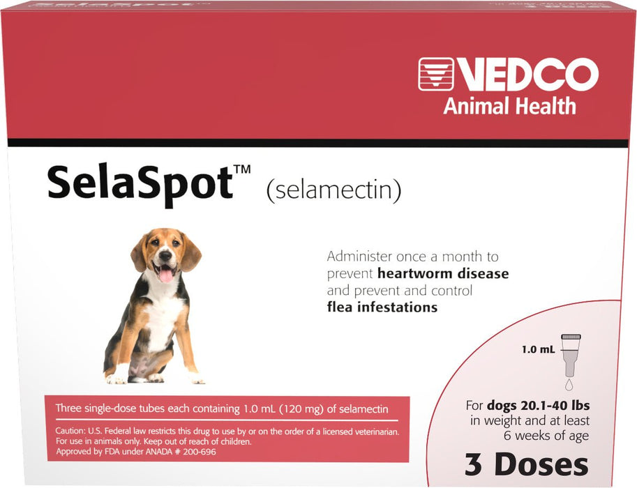 Rx SelaSpot (selamectin) Once - A - Month Flea & Heartworm Topical Solution for Dogs - 012VED-22991 - 20.1 - 40 lbs - 3 Doses - 5