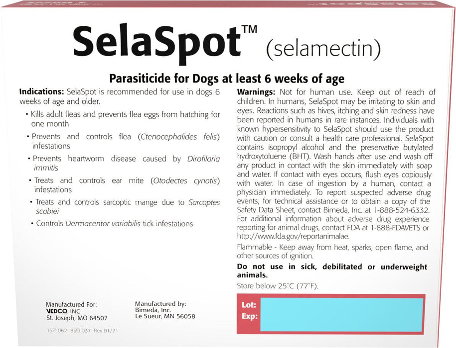 Rx SelaSpot (selamectin) Once - A - Month Flea & Heartworm Topical Solution for Dogs - 012VED-22991 - 20.1 - 40 lbs - 3 Doses - 6