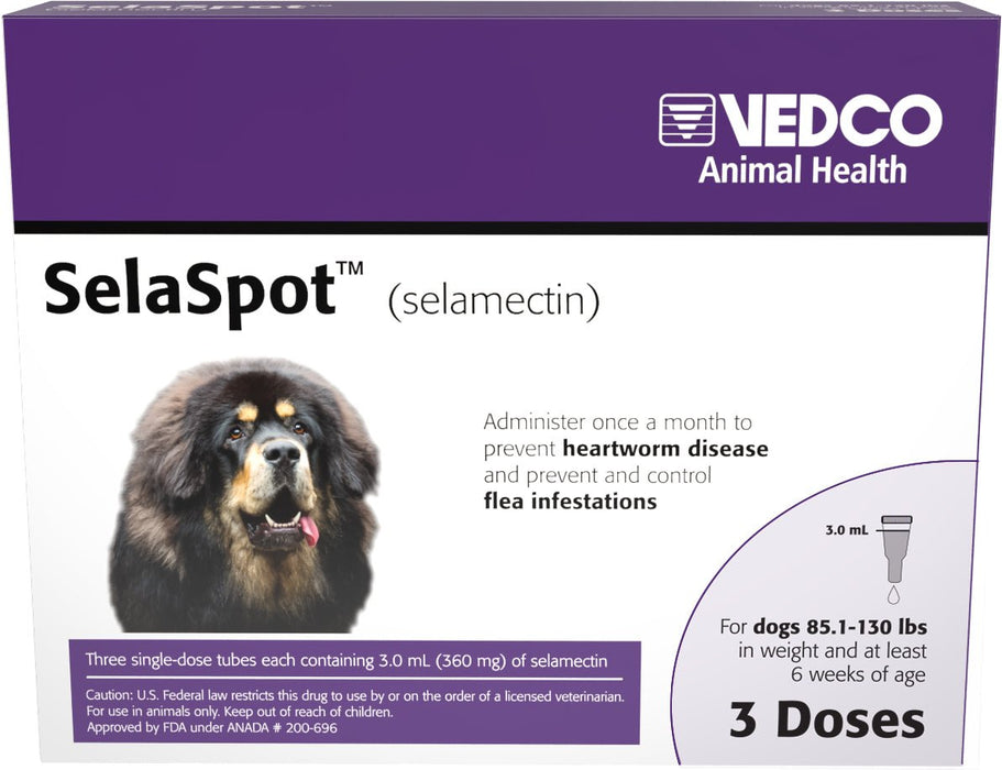 Rx SelaSpot (selamectin) Once - A - Month Flea & Heartworm Topical Solution for Dogs - 012VED-24995 - 85.1 - 130 lbs - 3 Doses - 9