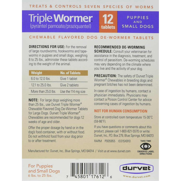 Durvet Triple Wormer for Dogs Chewable Dog Dewormer Tablets, 12 ct - 016DUR-17612 - For Small Dogs (6 - 25 lbs) - 2