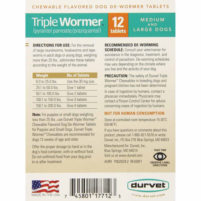 Durvet Triple Wormer for Dogs Chewable Dog Dewormer Tablets, 12 ct - 016DUR-17712 - For Medium & Large Dogs (25.1 - 200 lbs) - 4