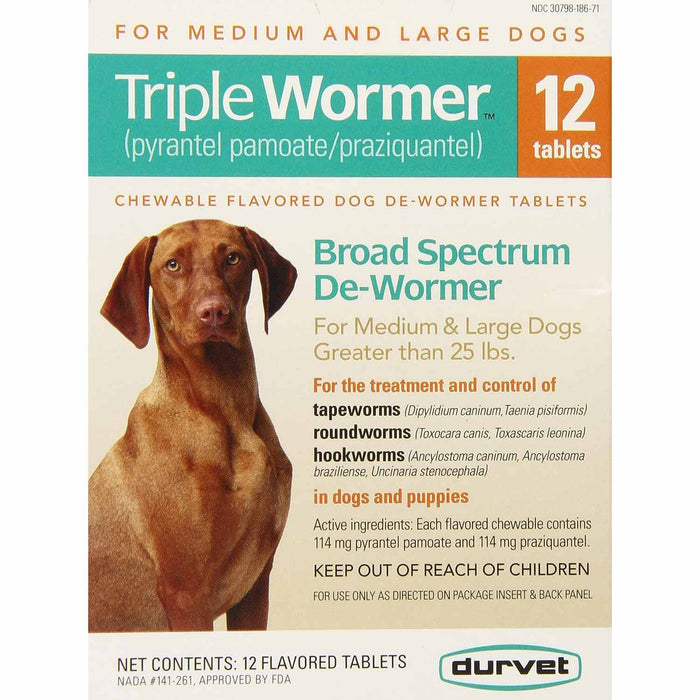 Durvet Triple Wormer for Dogs Chewable Dog Dewormer Tablets, 12 ct - 016DUR-17712 - For Medium & Large Dogs (25.1 - 200 lbs) - 3