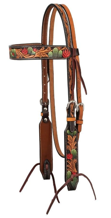 Weaver Turquoise Cross Cactus Tooled Browband Headstall - W2AF6 - Brown - Horse - 1