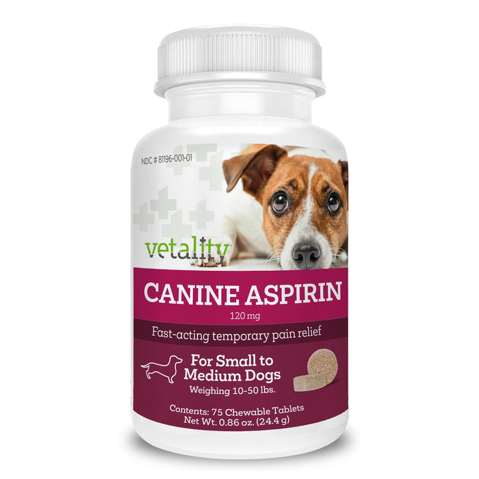 Vetality Canine Aspirin – Liver - Flavored Chewable Tablets – Temporary Relief for Aches, Inflammation, and Fever in Dogs - TVB3U - Small to Medium Dogs (120 mg) - Liver - 75 ct - 1