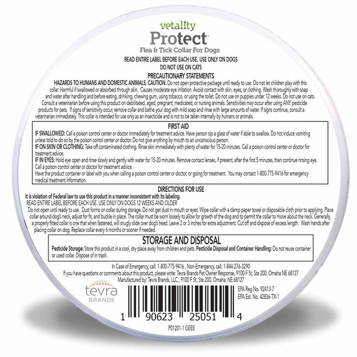 Vetality Protect Flea & Tick Collar for Dogs, 2 Pack - TVB3G - Small - Fits Necks Up to 15" - 2 ct - 2