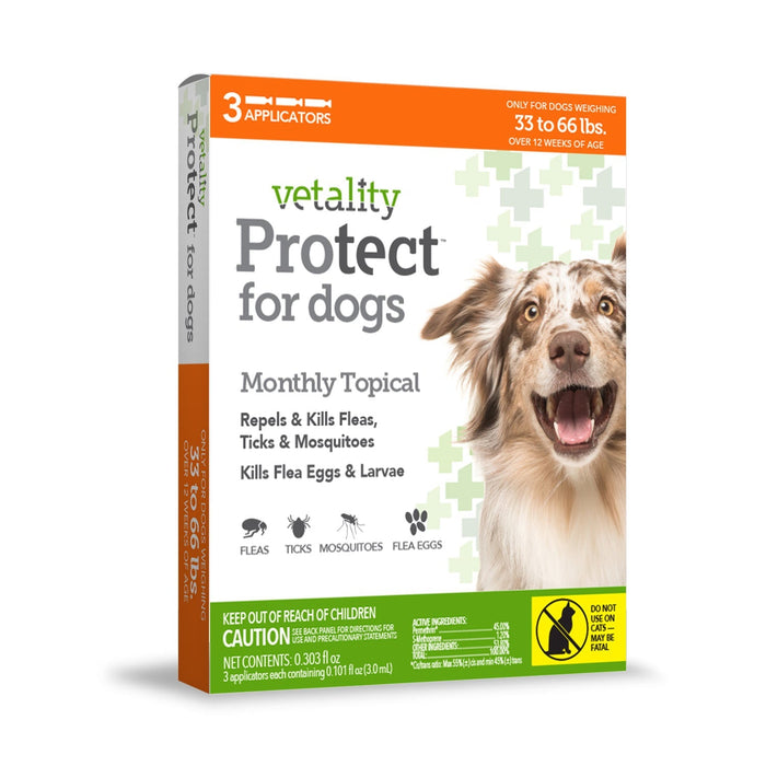 Vetality Protect Flea & Tick Monthly Topical for Dogs, 3 pk - TVB3C - 3 Pack (3 Month Supply) - 33 - 66 lbs - 6
