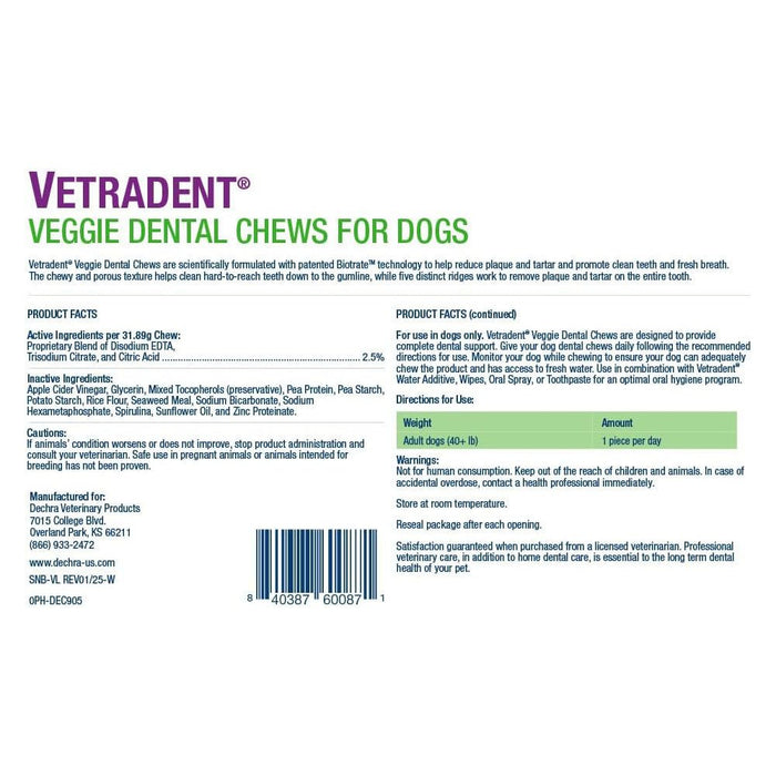 Vetradent Veggie Dental Chews for Dogs – Plaque & Tartar Control, Fresh Breath, Daily Oral Care Treats - DECD4 - Large (41+ lbs) - 30 ct - 10