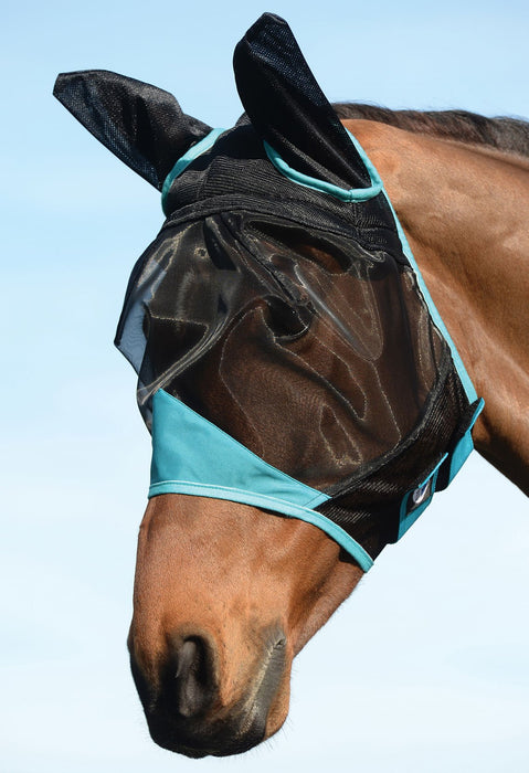 Weatherbeeta ComFITec Fine Mesh Horse Fly Mask with Ears - 0V4UE - Black/Turquoise - Mini - 1