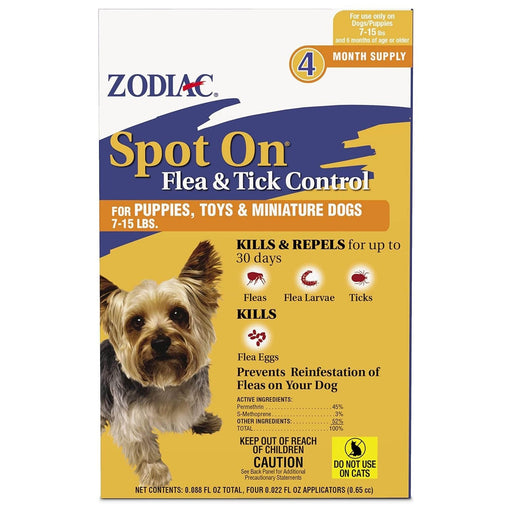 Zodiac Spot On Flea & Tick Control for Dogs & Puppies - FAAA9 - Puppies, Toys and Miniature Dogs (7 - 15 lbs) - 4 ct (4 Month Supply) - 1