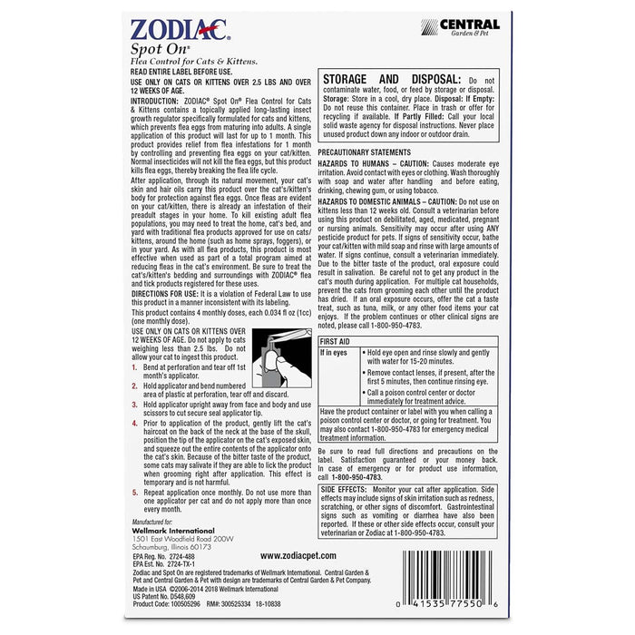 Zodiac Spot On Plus Flea & Tick Control for Cats 5 lbs and Over, 4 Pack - FAAA7 - Cats 5 lbs and Over - 4 ct (4 Month Supply) - 2