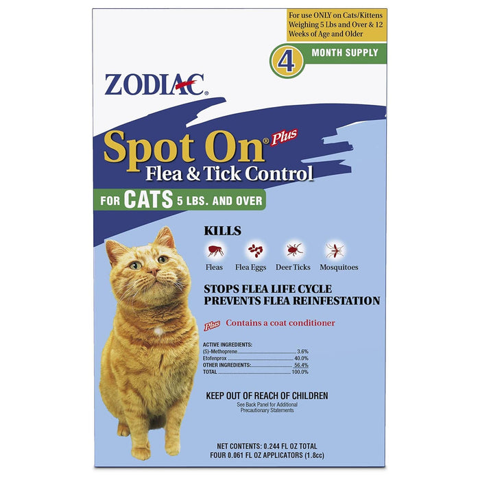 Zodiac Spot On Plus Flea & Tick Control for Cats 5 lbs and Over, 4 Pack - FAAA7 - Cats 5 lbs and Over - 4 ct (4 Month Supply) - 1